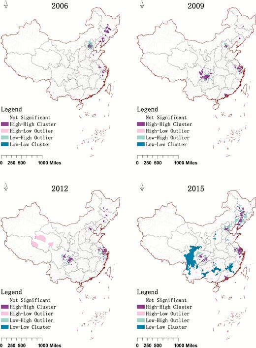 Local clusters of the population-level annual human immunodeficiency virus/AIDS diagnosis rate of men who have sex with men at county level by year, China, 2006–2015.