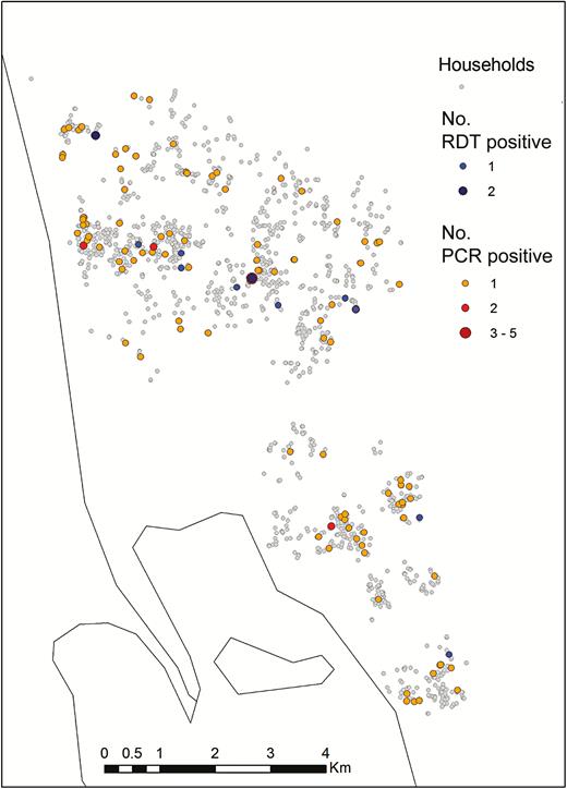 Spatial distribution of households with rapid diagnostic test (RDT)– and/or polymerase chain reaction (PCR)–positive household members.
