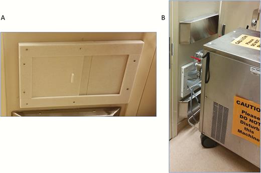 Heater-cooler device hose portals (A) were constructed in all operating rooms (ORs) where cardiopulmonary bypass is performed, with all heater-cooler units moved outside of ORs (B).