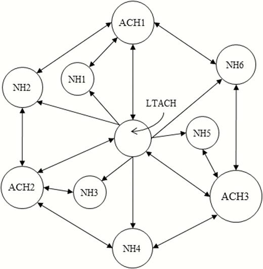 Facility network. Area of each circle is proportional to the average patient/resident population of the facility. Outgoing arrows from each facility refer to the facilities that receive most (but not necessarily all) of the transfer patients out of the facility. All facilities also discharge patients to the community, and all facilities admit patients from the community except for the long-term acute care hospital, which only admits transfer patients from the short-stay acute care hospitals. Abbreviations: ACH, short-stay acute care hospital; LTACH, long-term acute care hospital; NH, nursing home.