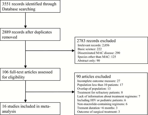 Preferred Reporting Items for Systematic Reviews and Meta-Analyses (PRISMA) flowchart for inclusion of studies in the meta-analysis. Abbreviations: HIV, human immunodeficiency virus; MAC, Mycobacterium avium complex.