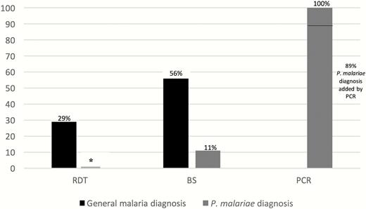 Comparing the detection rate of any Plasmodium on admission and of Plasmodium malariae by different diagnostic methods (N = 18). *Rapid diagnostic test cannot provide a diagnosis of P. malariae. Abbreviations: BS, blood smear; PCR, polymerase chain reaction; RDT, rapid diagnostic test.
