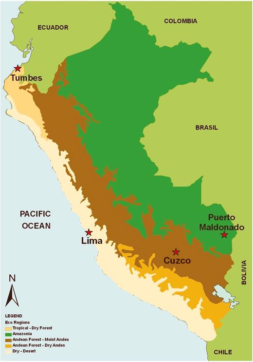 Map of Peru showing ecological regions and sites for the Peru Influenza Cohort Study, 2009–2015.