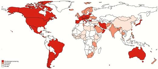 Distribution of policies for maternal group B Streptococcus screening by type of policy. Borders of countries/territories in map do not imply any political statement.