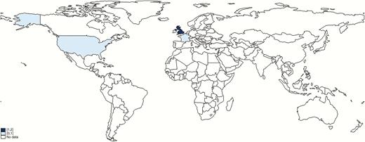 Geographic distribution of data on maternal group B streptococcal (GBS) disease that met inclusion criteria.