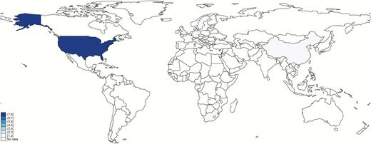 Geographic spread of inputs for neurodevelopmental impairment after infant Group B Streptococcus meningitis. Borders of countries/territories in map do not imply any political statement.