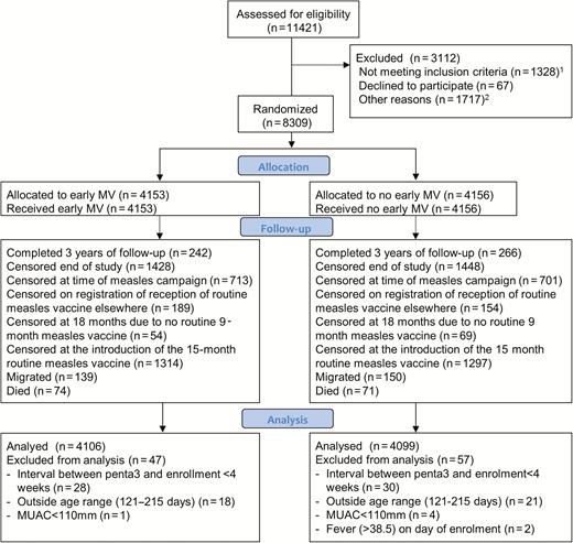 Flowchart of children in the early measles vaccination trial in Burkina Faso and Guinea-Bissau. 1Not meeting inclusion criteria (n = 1328): migrated (108) or died (54) before 28 days after Penta3; no Penta3 before too old (516); interval <28 days since Penta3 (102); too old when seen (500); mid upper-arm circumference <110 (34); ill (12); malformation (2). 2Other reasons (n = 1717): absent/travelling (1385); vaccination card not seen (64); no guardian present (10); already received measles vaccine elsewhere (7); residential status not confirmed (251). Abbreviations: MV, measles vaccine; MUAC, mid upper-arm circumference.