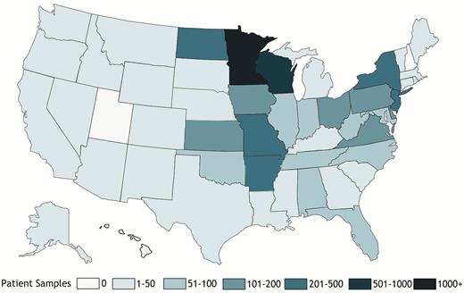 Origin of 7292 clinical specimens from patients suspected of tickborne illness tested in this study. Differential shading indicates the number of patient specimens originating from each state.
