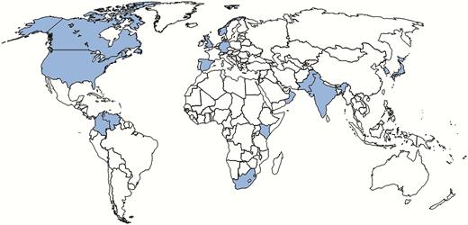 Countries from which Candida auris has been reported, as of July 2017. Canada, Germany, Japan, Norway, and Kuwait have each reported a single case of C. auris. Larger numbers of cases have been reported in Colombia, India, Israel, Kenya, Oman, Pakistan, Panama, South Korea, Spain, South Africa, the United Kingdom, and Venezuela. Current case counts of C. auris for all countries are not available. United States case counts are available on the Centers for Disease Control and Prevention website. Most US cases are concentrated in the New York City and New Jersey area, though at least 7 other states have reported cases as of August 2017.
