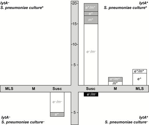 Comparison of microbiology and resistome approaches for detecting Streptococcus pneumoniae and macrolide resistance. The 4 quadrants depict all possible combinations of lytA genetic testing and S. pneumoniae microbiological testing. The swabs for which microbiological culture for S. pneumoniae and genetic testing for lytA were in agreement are shown in the upper right quadrant (both tests positive) and lower left quadrant (both negative). Each bar represents a group of samples with the same microbiological Etest result, with “MLS” indicating resistance to azithromycin and clindamycin, “M” indicating resistance to azithromycin only, and “Susc” indicating resistance to neither antibiotic. Within each bar, the number of swabs testing positive for each genetic resistance determinant is shown, labeled as e+ (ermB+/mefA/E–), m+ (ermB–/mefA/E+), e+/m+ (ermB+/mefA/E+), or e–/m– (ermB–/mefA/E–). The white portion of the bar indicates that the genetic results were concordant with the results from microbiologic testing, whereas the gray portion indicates a discrepancy.