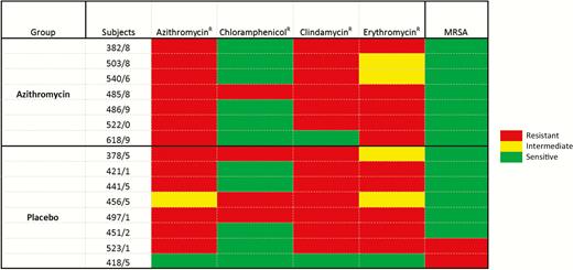 Heat map showing pattern of Staphylococcus aureus isolates resistant (R) to at least 1 antibiotic, by arm. Resistance Etest cutoff values: azithromycin, ≥8 μg/mL; chloramphenicol, ≥32 μg/mL; erythromycin, ≥16 μg/mL; clindamycin, ≥4 μg/mL; cefoxitin for methicillin-resistant Staphylococcus aureus (MRSA), ≥8. Intermediate Etest cutoff values: azithromycin, 4 μg/mL; erythromycin, 1–4 μg/mL.