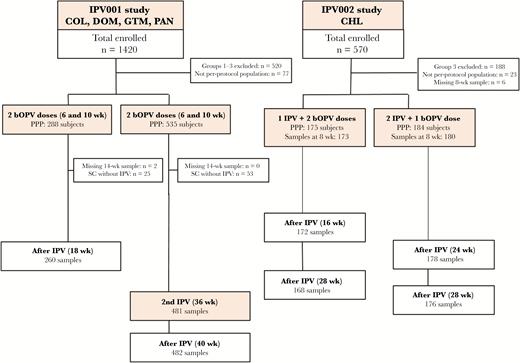 CONSORT diagram of subjects included in the inactivated polio vaccine (IPV) maternal antibody interference analysis by study. Abbreviations: bOPV, bivalent oral poliovirus; CHL, Chile; COL, Colombia; DOM, Dominican Republic; GTM, Guatemala; PAN, Panama; PPP, per protocol population; SC, seroconversion.