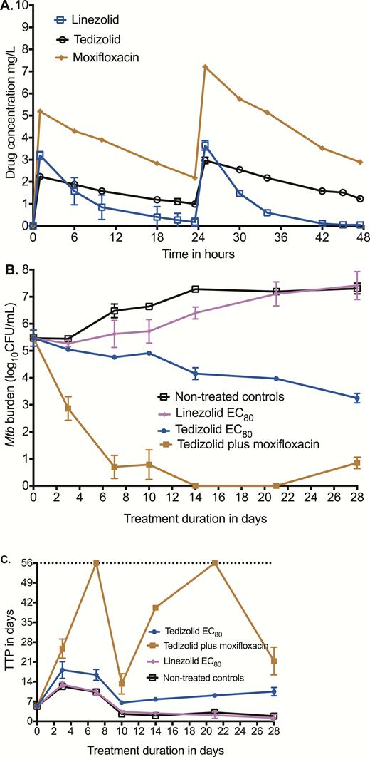 Comparison of tedizolid and linezolid in the hollow fiber system. (A) Concentration-time profiles of tedizolid, linezolid, and moxifloxacin achieved in replicate hollow fiber systems were as intended for children. (B) Microbial kill as revealed by colony-forming units per milliliter on each sampling day shows that tedizolid 80% of maximal bacterial kill (EC80) outperformed linezolid EC80. The microbial kill rate for the moxifloxacin-tedizolid combination was found to be high, and the slope was calculated using an exponential decline model. (C) Microbial kill described using the more sensitive time-to-positivity (TTP) parameter reveals a similar picture. Tedizolid TTPs were higher than for linezolid-treated systems and the tedizolid-moxifloxacin regimen had TTPs that went to negative rapidly but with rebound, supporting that this is an effective backbone regimen. Abbreviation: EC80, 80% of maximal bacterial kill; Mtb, Mycobacterium tuberculosis; TTP, time to positivity.
