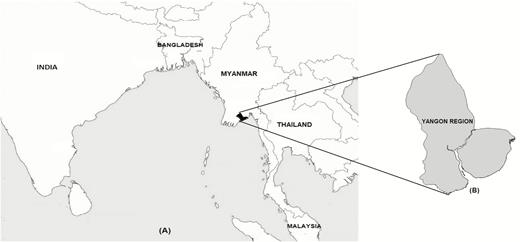 Map of South and Southeast Asia showing (A) Myanmar and (B) Yangon Region.