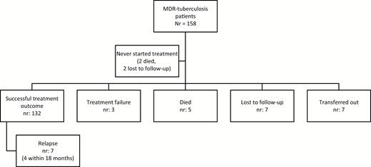 Treatment outcome of MDR tuberculosis patients in Sweden, 1992–2014, according to World Health Organization definitions. Abbreviation: MDR, multidrug-resistant.