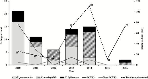 Distribution of pathogens associated with pediatric bacterial meningitis in The Gambia (2010–2016). Thirteen-valent pneumococcal conjugate vaccine (PCV13) types include serotypes 1, 5, 6A/6B, 14, 19A, and 23F; non-PCV13 serotypes include 8, 11A, and 3 nontypeable pneumococci by real-time polymerase chain reaction.
