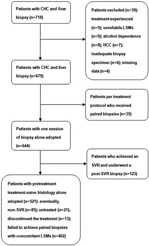 Patient recruitment flow chart. Abbreviations: CHC, chronic hepatitis C; HCC, hepatocellular carcinoma; LSM, liver stiffness measurement; SVR, sustained virological response.