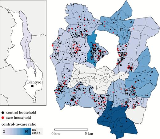 Location of Blantyre within the country of Malawi (inset) and the Blantyre study boundaries. Enumeration areas are represented by the smaller polygons, while residential wards are indicated by the larger, bolded polygons, shaded by the ratio of controls to cases. Households of cases (red) and controls (black) are plotted as points, with precise locations masked by randomization.