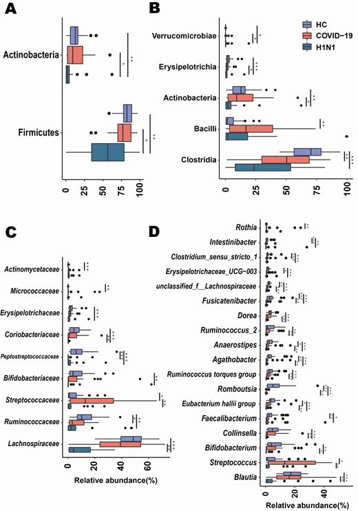 Taxonomic differences in the fecal microbiota between patients with coronavirus disease 2019 (COVID-19), patients with H1N1, and a healthy control group (HC). Comparison of the relative abundance at the phylum (A), class (B), family (C), and genus (D) levels across the 3 groups. Each box represents the interquartile range (first and third quartiles) of taxa abundance, and the black line corresponds to median abundance. Vertical lines represent the variability in the abundance of each taxon. Each circle corresponds to extreme values in each taxon. *Adjusted P = .05–.01; **Adjusted P = .01–.001; ***Adjusted P < .001.