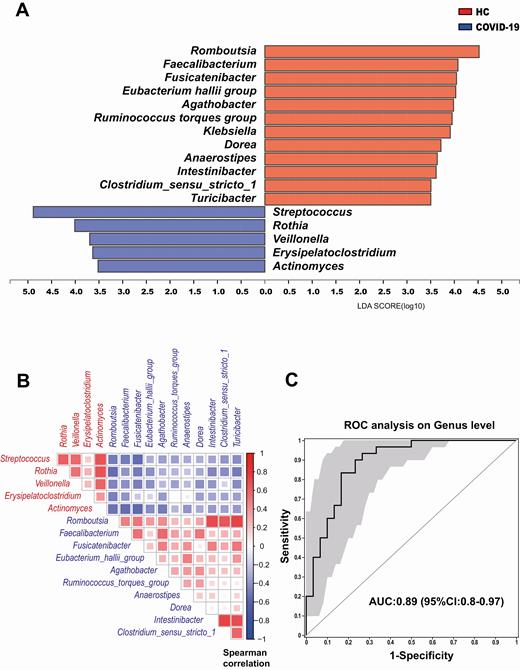A, Linear discriminant analysis (LDA) effect size analysis was used to identify differences in microbial composition between patients with coronavirus disease 2019 (COVID-19) and a healthy control group (HC). At the genus level, LDA scores showed significant differences in microbiota composition between patients with COVID-19 (blue) and HC (orange). Only taxa with an LDA threshold value > 3.5 are shown. B, Spearman correlation of associated genera in COVID-19 patients and HC. The genera enriched in COVID-19 patients (red) were negatively correlated with HC-enriched genera (blue). C, Prediction of 5 biomarkers in the microbiome of COVID-19 patients and HC. The area under the receiver operating characteristic (ROC) curve (AUC = 0.89), with 95% confidence interval (CI), is shown in the center.