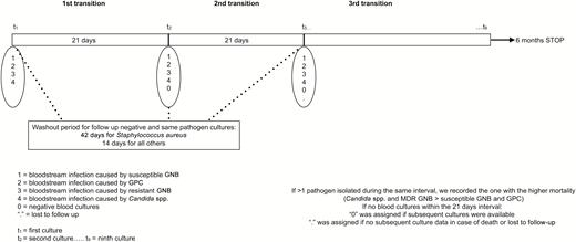 Timeline for assigning the transitions according to the availability of the blood culture results. Abbreviations: GNB, gram-negative bacilli; GPC, gram-positive cocci; MDR, multidrug-resistant.