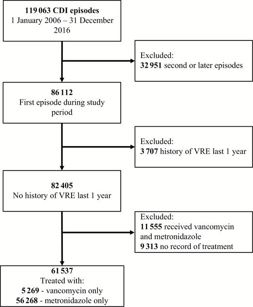 Eligibility and selection of patients with Clostridioides difficile infection in the US Department of Veterans Affairs Health System between 1 January 2006 and 31 December 2016. Abbreviations: CDI, Clostridioides difficile infection; VRE, vancomycin-resistant Enterococci.