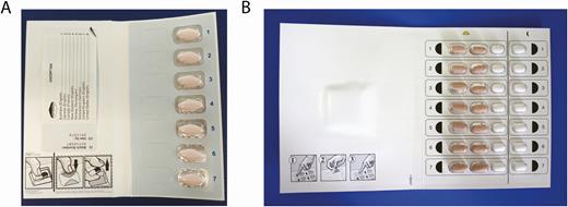 Blister packs used for dosing and adherence monitoring in DEFEAT; A and SIMPLIFY; B.