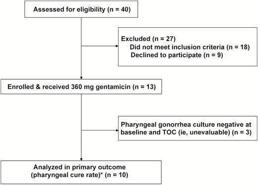 Study flow diagram. *All 13 enrolled participants returned for test of cure. Abbreviation: TOC, test of cure.