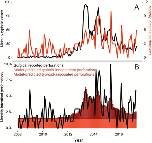 A, Monthly counts of intestinal perforations and typhoid cases between January 2008 and June 2015. B, Model-predicted surgical perforations, colored by whether the predicted perforation is typhoid independent or typhoid-associated, along with monthly reported surgical perforations.