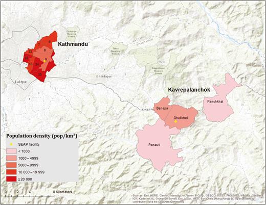 Population density in the Kathmandu wards and Kavrepalanchok municipalities comprising the study catchment area. Yellow crosses denote the location of study surveillance hospitals. Abbreviation: SEAP, Surveillance for Enteric Fever in Asia Project.