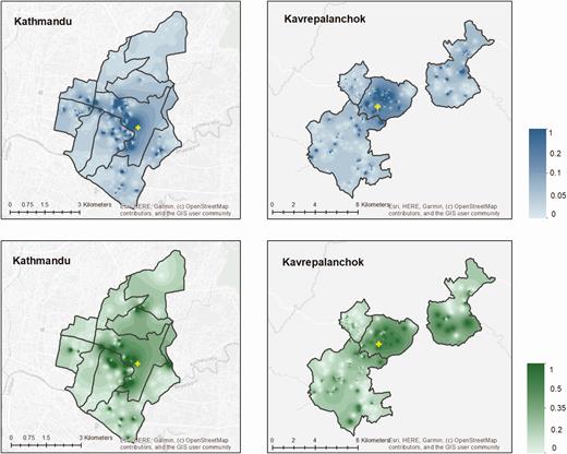Proportion of individuals with fever in past 8 weeks (top) or hospitalized in past month (bottom) who sought care at the study hospitals in Kathmandu and Kavrepalanchok. Yellow crosses denote the location of study surveillance hospitals.