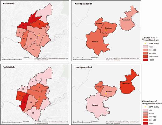 Incidence (cases per 100 000 person-years) of typhoid (A) and paratyphoid (B) by ward in Kathmandu and by municipality in Kavrepalanchok. Yellow crosses denote the location of study surveillance hospitals. Abbreviation: SEAP, Surveillance for Enteric Fever in Asia Project.