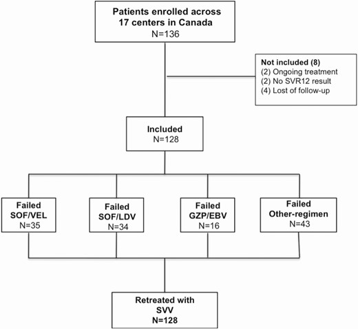 Flowchart of patients included in the study according to previous DAA treatment. Abbreviations: EBV, Elbatasvir; GZP, Grazoprevir; LDV, Ledipasvir; SOF, Sofosbuvir; SVR, Sustained Virological Response; SVV, Sofosbuvir-Velpatasvir-Voxilaprevir.