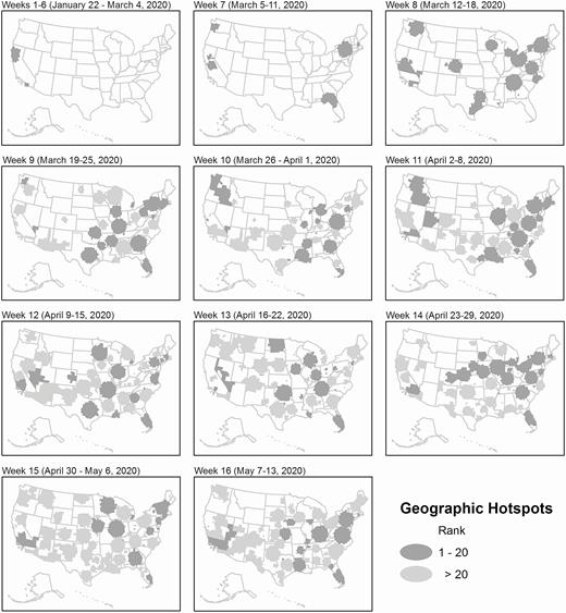 Weekly dynamics of geographic clustering of newly confirmed COVID-19 cases in the United States over 16 epi-weeks, 22 January–13 May 2020. Abbreviation: COVID-19, coronavirus disease 2019.