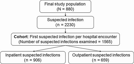 Flowchart of suspected infections experienced by study population and included in the primary cohort. Suspected infection was defined as a body fluid culture plus a new antibiotic within 24 hours, if the antibiotic was prescribed first, or 72 hours, if the culture was obtained first. The suspected infections included in the cohort were divided into outpatient and inpatient based on the location of culture collection.