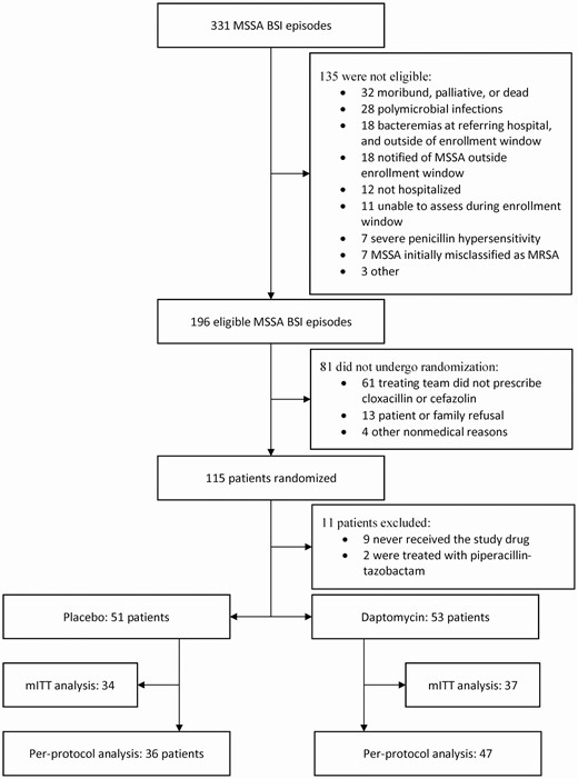 Patient flow chart. Abbreviations: BSI, bloodstream infection; mITT, modified intention-to-treat; MRSA, methicillin-resistant Staphylococcus aureus; MSSA, methicillin-susceptible Staphylococcus aureus.