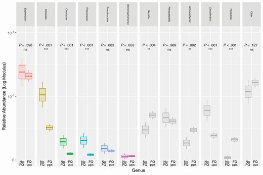 Differences in gram-negative abundance between subjects with and without fluoroquinolone prophylaxis. Boxplots show mean relative abundances of various gram-negative genera, comparing patients receiving fluoroquinolone prophylaxis to those who did not. These groups were tested for differences within each genus using Mann-Whitney U test (***P < .001, **P .001–.01, *P .01–.05). Gram-negative genera with highest abundances are shown; colored boxes represent gram-negative genera with observed potential for bloodstream infection. The upper and lower hinges denote 1 standard error from the mean, and the upper and lower whiskers denote 2 standard errors from the mean. Abbreviations: FQ, fluoroquinolone; ns, not significant; ppx, prophylaxis.