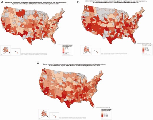 Escherichia coli isolates co-resistant to extended-spectrum cephalosporins and fluoroquinolones, by health referral region (HRR), National Healthcare Safety Network, in 2013–2017 (A), 2013 (B), and 2017 (C). “No data” refers to HRRs that had too few healthcare facilities (<5) or too few E. coli isolates reported (<20) to display information on resistance. Sources: National Healthcare Safety Network, United States Department of Health and Human Services; HRRs from http://archive.dartmouthatlas.org/data/region/.