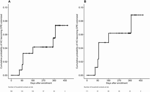 Cumulative incidence of CPE colonization among HCs (A) who were not identified as colonized at enrollment (N = 168) and (B) whose index cases remained colonized at enrollment (N = 111). Month 12 visits (per-protocol visits at 365–395 days after enrollment) were delayed in 14 households due to travel or scheduling challenges, resulting in 33 HCs being censored beyond 395 days. Abbreviations: CPE, carbapenemase-producing Enterobacterales; HC, household contact.