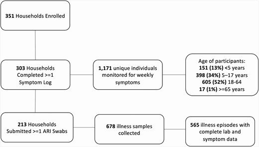 Number of households and individuals completing the various steps of study procedures. Abbreviation: ARI, acute respiratory illness.