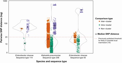 Inter- and intracluster genomic variation among carbapenemase-producing Enterobacterales local transmission clusters: Victoria, Australia, 2016–2018. Analyses include human or environmental isolate(s) of the relevant species and/or sequence type collected prior to the start of the study period as context isolates. Designated clusters must contain at least 1 human isolate collected during the study period (2016–2018). All nonclustered comparisons with ≤23 pairwise SNP distance involve only context isolates. Duplicate isolates are excluded, with environmental samples from the same ward in the same week considered duplicates. For further information, see Supplementary Materials. Abbreviation: SNP, single nucleotide polymorphism.