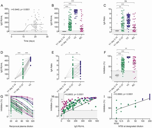 Humoral immune response after BNT162b2 vaccination. A, Time course of anti–severe acute respiratory syndrome coronavirus 2 (SARS-CoV-2) S protein immunoglobulin G (IgG) (n = 124) after the first BNT162b2 dose. B, Anti–SARS-CoV-2 S IgG responses in relative units (RU)/mL after the first (V1, gray and green dots, n = 30 and n = 87, respectively) and second (V2, blue dots, n = 87) BNT162b2 dose. Note the overlap with data in (A). Recovered coronavirus disease 2019 (COVID-19) patients (RC, n = 37) are depicted in purple. C, Anti–SARS-CoV-2 S immunoglobulin A (IgA) responses after the first (n = 65) and second (n = 88) BNT162b2 vaccinations as well as in RC patients (n = 37). Enzyme-linked immunosorbent assay (ELISA) results are depicted as sample/calibrator ratio and labeled as in (B). D and E, Intra-individual anti–SARS-CoV-2 S IgG and IgA responses as a function of time (gray dots, n = 5–10; green dots, n = 31–38; blue dots, n = 29–36). F, Inhibition in the surrogate virus neutralization test (sVNT) after the first or second BNT162b2 vaccination or in RC patients (gray dots, n = 16; green dots, n = 84; blue dots, n = 51; purple dots, n = 37). G, Reciprocal plasma dilutions of sVNT in convalescent COVID-19 patients (purple) after the second BNT162b2 dose (blue) or first BNT162b2 dose (green/gray). Note that only samples with >50% inhibition at the lowest dilution (1:20) were further titrated. H, Correlation of inhibition (sVNT) and anti–SARS-CoV-2 S IgG (ELISA) after the first or second BNT162b2 vaccination and in RC patients as indicated for (F). I, Correlation of the sVNT inhibition with the 50% neutralization titer (NT50) of the pseudotype virus neutralization results (n = 23). Dotted lines represent the assay cutoffs as suggested by the manufacturer. *P < .05, **P < .001, ***P < .0001 by 2-tailed paired Student’s t test (D and E) or analysis of variance with Bonferroni post hoc analysis (B, C, and F); ns, not significant.