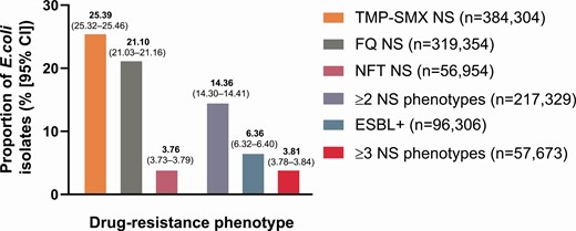 Overall AMR results in non-duplicate urine E. coli isolates (N = 1 513 882) from US females, 2011–2019. Abbreviations: AMR, antimicrobial resistance; CI, confidence interval; E. coli, Escherichia coli; ESBL+, extended-spectrum β-lactamase-producing; FQ, fluoroquinolone; NFT, nitrofurantoin; NS, nonsusceptible; TMP-SMX, trimethoprim-sulfamethoxazole.
