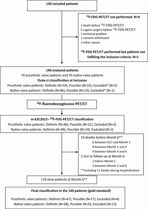 Study Flow chart. *Not fulfilling the definite and possible IE Duke-Li definition at inclusion. Abbreviations: FDG-PET-CT, fluorodeoxyglucose-positron emission tomography-computed tomography; IE, infective endocarditis.
