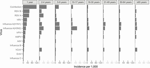 Age-specific incidence of medically attended illness due to 12 respiratory viruses per 1000 population, 2018/19.