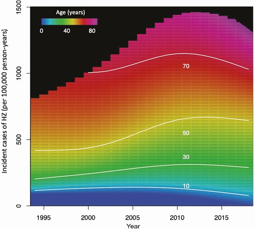 Incidence rate of HZ by age, 1994 to 2018. Note: From 1994 to 2000, the 61- to 70-year-old age group included individuals over 70 years old. In OLDW, age is capped at 89 years old to maintain patient privacy. Individuals ages 71 and older from 1994 to 2000 cannot be differentiated from those younger than 70 because birth years earlier than 1930 were assigned the year 1930. Abbreviations: HZ, herpes zoster; OLDW, OptumLabs Data Warehouse.