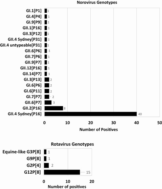 Genotypes for norovirus (n = 71) and rotavirus (n = 19).