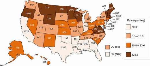 Rate* and number† of enteric illness outbreaks by state, 2009–2019 (N = 38 395). *Average annual incidence of outbreaks per state, per million population, on the basis of US Census Bureau population estimates, 2009–2019. †567 outbreaks in which exposure occurred in more than 1 state were assigned as an outbreak to each state involved. Abbreviations: DC, Washington, District of Columbia; PR, Puerto Rico.