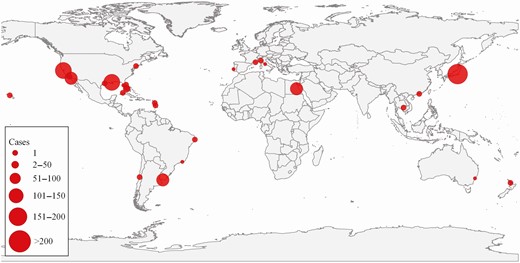 Number of confirmed COVID-19 cases on 89 cruise ship passenger voyages by port of disembarkation, February–April 2020. Plurality of the outbreaks detected returned to US ports (n = 11). Abbreviation: COVID-19, coronavirus disease 2019.