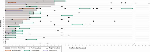 Diarrhea duration, treatment, and testing of 24 patients with Shigella sonnei infection—Vermont, 2018. This figure shows the duration of diarrhea (horizontal bars) for each patient, overlaid with timing of culture results for S. sonnei and antibiotic treatment with azithromycin, ciprofloxacin, and/or ceftriaxone.